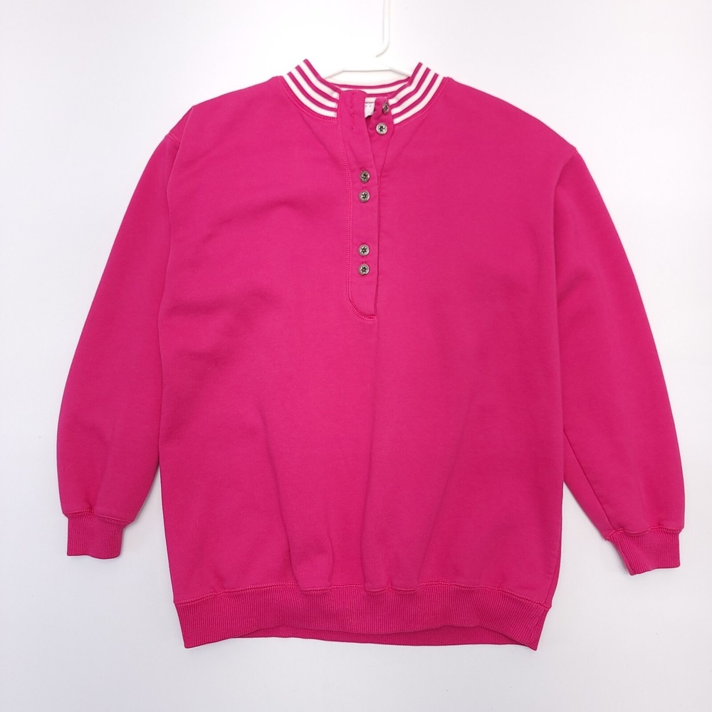 80's Cheetah Sweatshirt Women's Small Crewneck‎ Button Pullover Striped Magenta